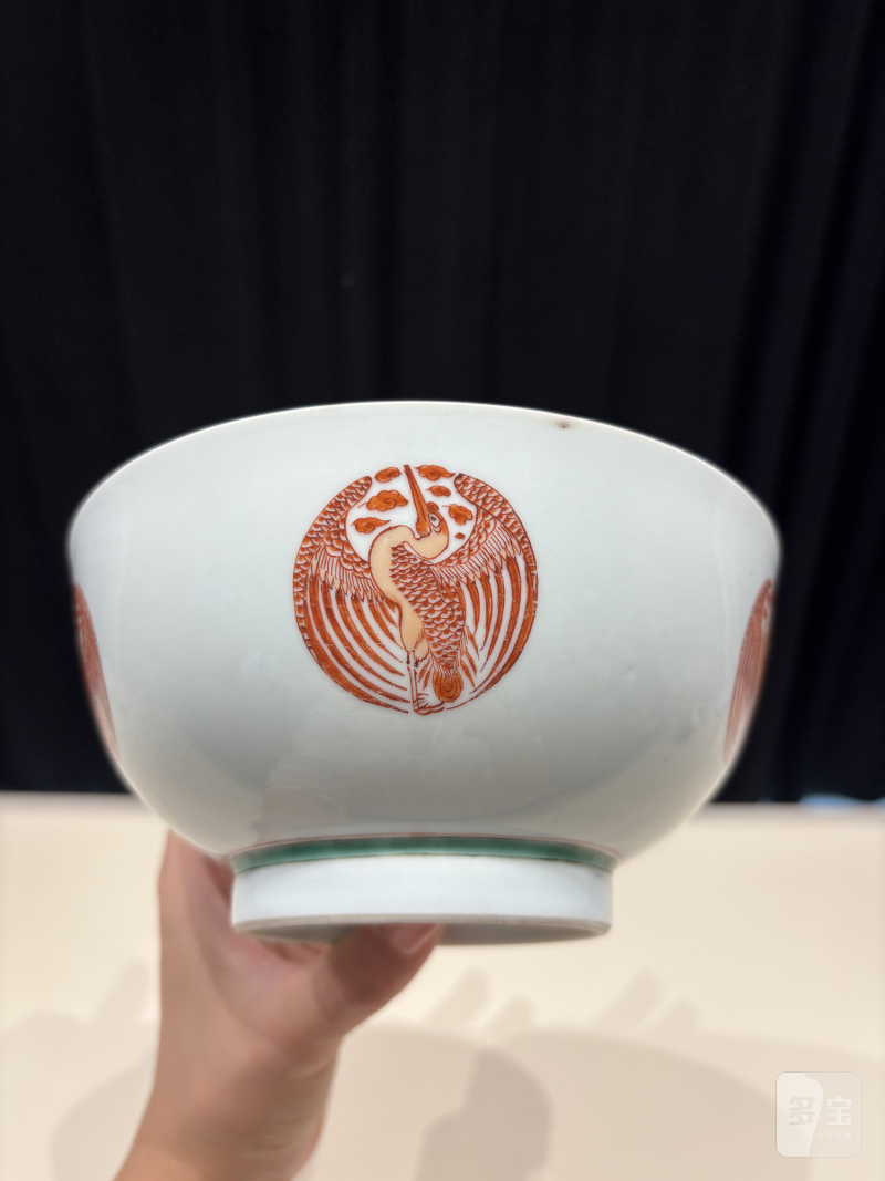清康熙 青花釉里红外团鹤内青釉海天浴日图碗 - 图8